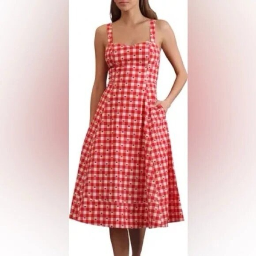 Avec Les Filles Red and White Checkered Cherry 🍒 Midi Dress